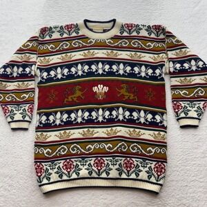 Vintage Natural Made in England Heraldic Lion Prince of Wales Knit Sweater L